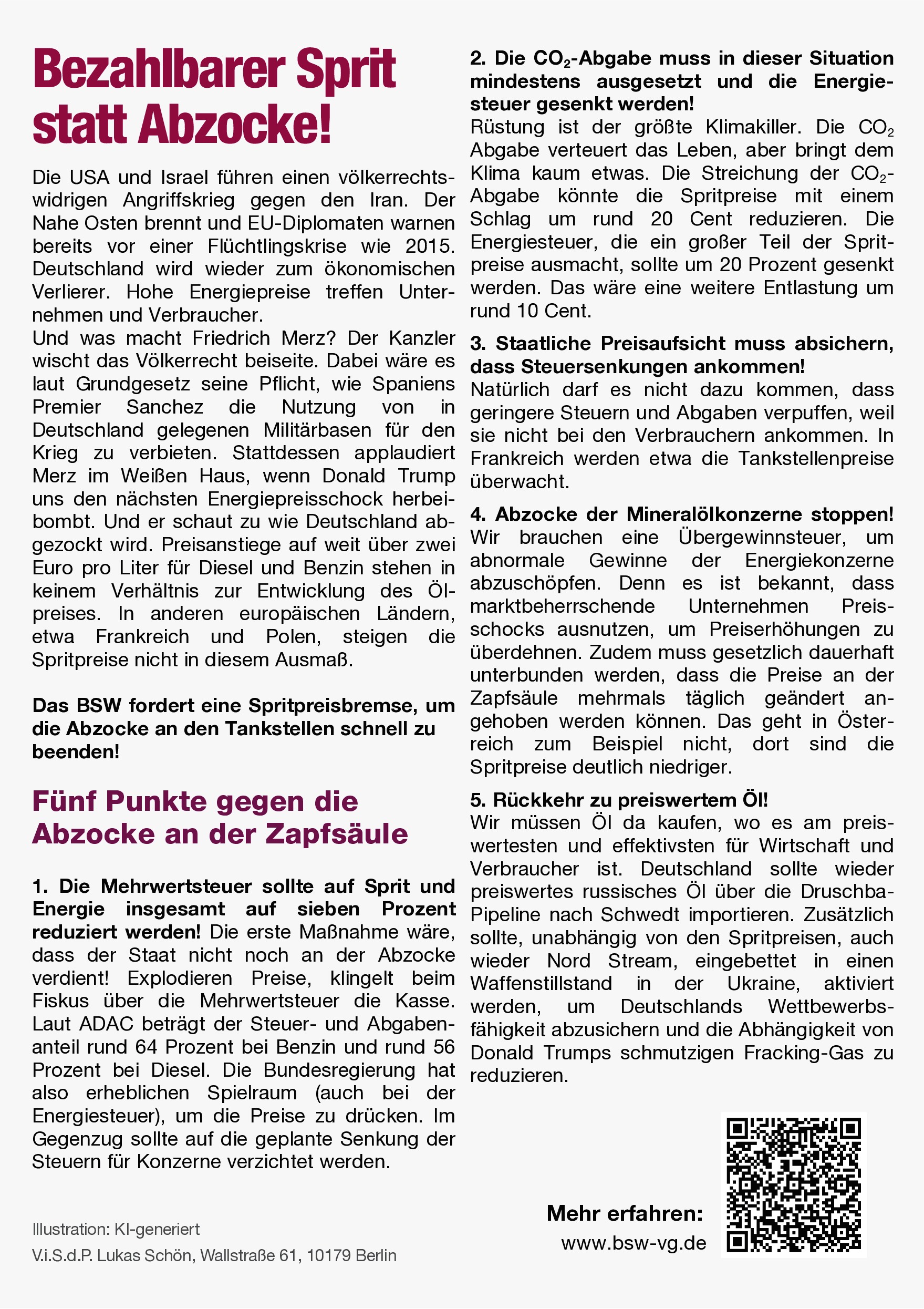 Flyer "Gegen die Abzocke an der Zapfsäule", Rückseite