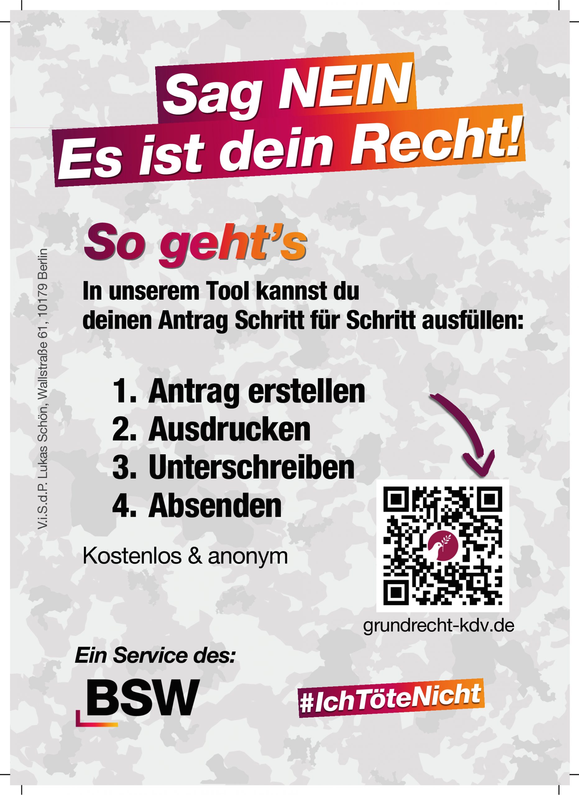 Flyer "#IchTöteNicht!" zur Kriegsdienstverweigerungsapp, Rückseite