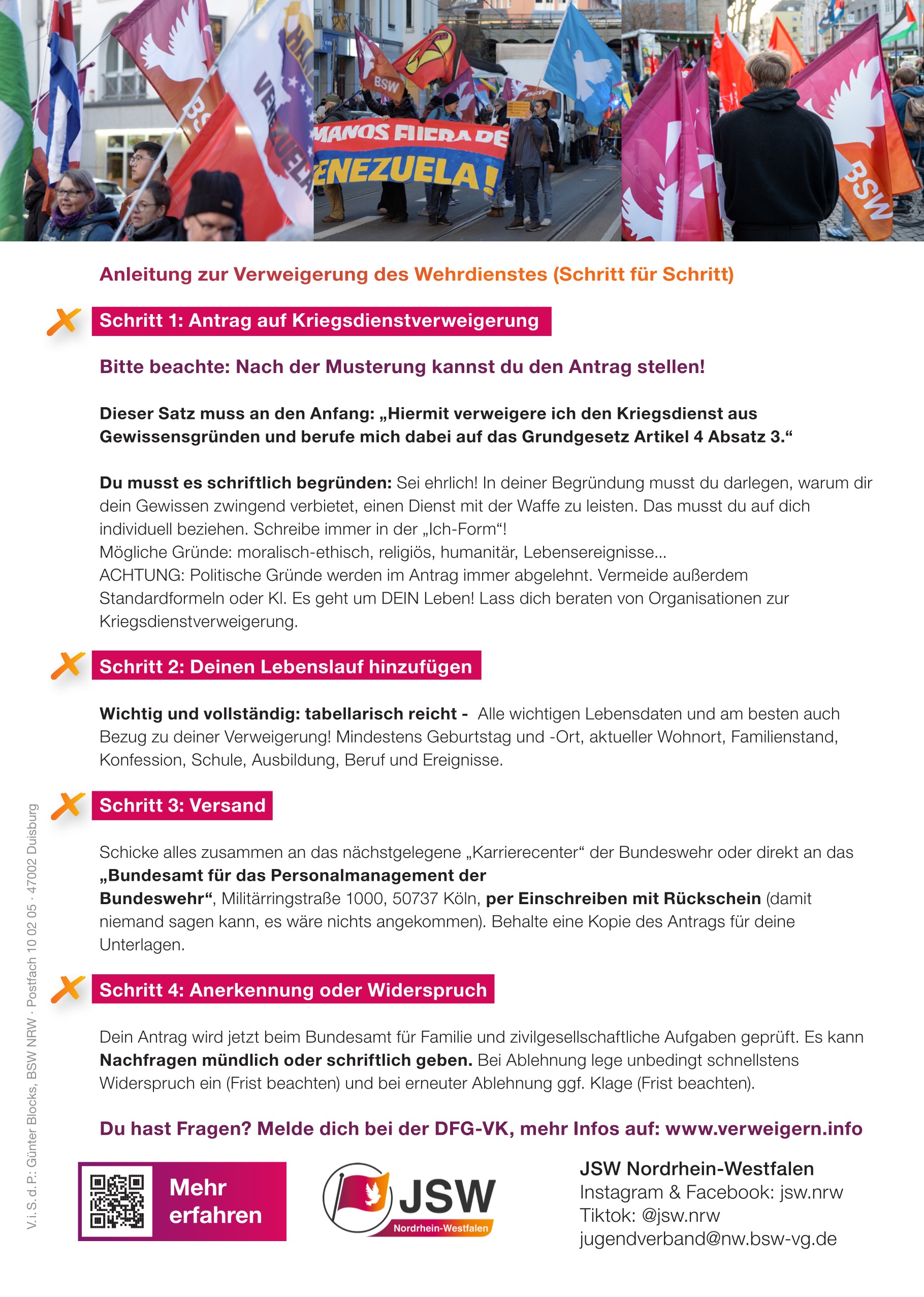 JSW NRW Flyer "Wehrdienstverweigerung", DIN A5, Rückseite