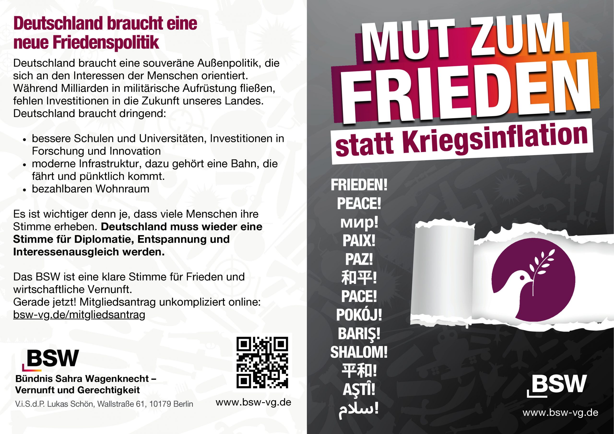 Flyer "Mut zum Frieden statt Kriegsinflation", Vorderseite, ohne Beschnitt